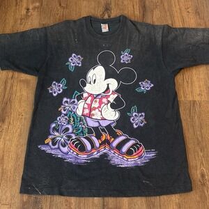 Vintage Mickey Unlimited T-Shirt XL Black Hawaiian Floral Graphic Disney 90s